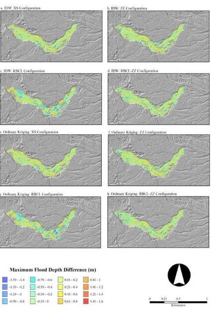 Figure 8. Difference in maximum flood depths simulated by the 2D hydraulic model using the original DTM and 8 bed-integrated  DTMs