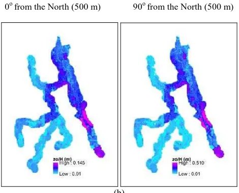 Figure 13. directions 0º and 90º from north calculated using MacDonald’s model (the total area are (a) 1000 m x 1000 m and (b) 500 m x Spatially distributed zo/H value with assumed wind 500 m) 