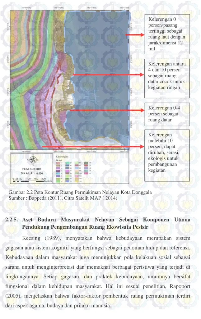 Gambar 2.2 Peta Kontur Ruang Permukiman Nelayan Kota Donggala  Sumber : Bappeda (2011), Citra Satelit MAP ( 2014) 