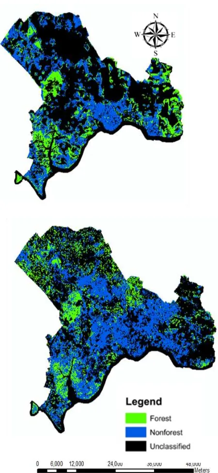 Figure 3. Forest cover in Iskandar Malaysia as detected in Landsat data 1990 (top panel) and 2010 (bottom panel)