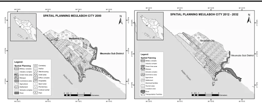 Gambar 4. Perbandingan Tata Ruang Kota Meulaboh di tahun 2000 (kiri) dan di Tahun 2012 (kanan) (digambar ulang berdasarkan data dari Bappeda Aceh Barat, 2015). 