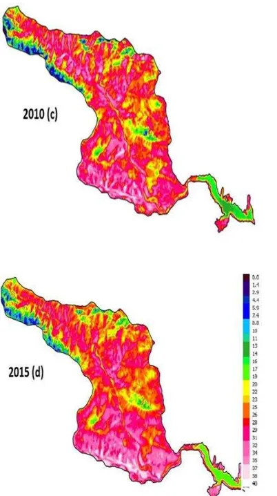 Figure 6. Spatial variation of LST (°C) in 1985(a), 1994(b), 2010(c) and 2015(d)  