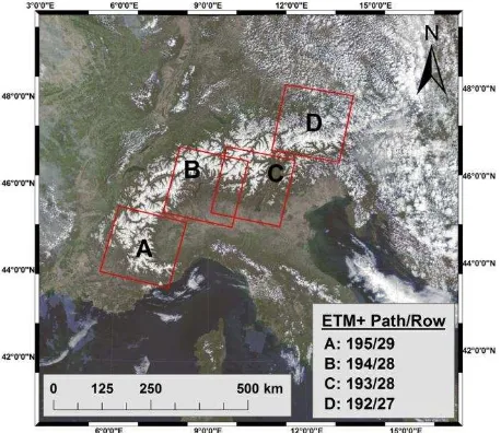 Figure 1: MODIS RGB real color composite image of the study area (24.04.2003) and Landsat 7 ETM+ tiles