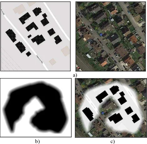 Figure 3. Map and image (© Google) representations of the test area (a), corresponding alpha blending mask (b), and combined representation with a smooth transition area between the two different privacy regions (c)