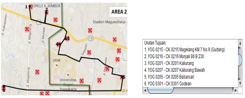 Gambar 3. Hasil dari algoritma semut untuk penyelesaian VRP: informasi peta jalur distribusi barang