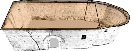 Figure 13. Tower of Martiartu, line drawing from the analog stereopairs (left) and 3D model with photographic textures (right)