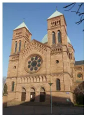 Figure 1. The main façade of the St,Pierre,le,Jeune church,  Strasbourg, France built from typical Alsatian red sandstone