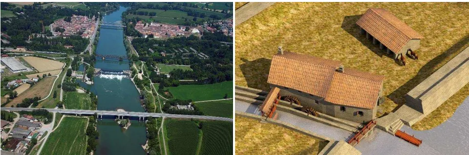 Figure 1. Left: aerial view of the site on the Adda river. Right: virtual reconstruction of the watermill on the left bank of Adda river