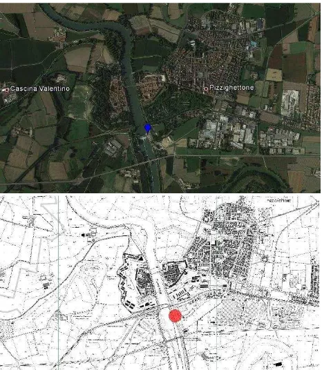 Figure 2. Above: view from Google Earth of the site on the Adda river. Below: site georeferenced on technical map