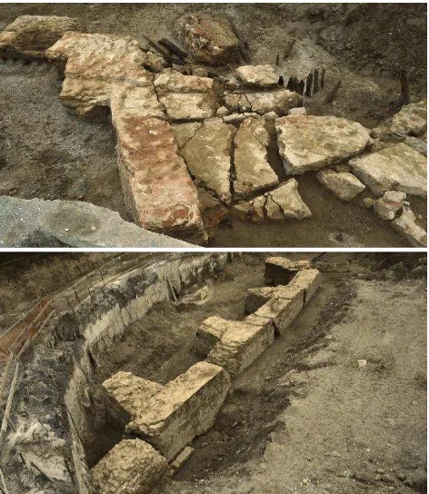Figure 5. Above: the ruins of the watermill, details of the mill structure unearthed during the archaeological excavation