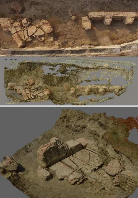 Figure 8. Above: plan of the archaeological remains (blue existent structures, red hypothesized structures, light brown 