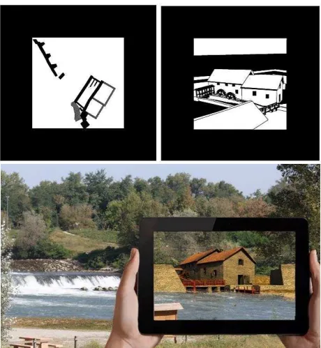 Figure 12. Above: explanation of the mobile based VR setup. Below: on the left, 360° panoramic view of the area and 3D model navigable in VR; on the right, the head mounted display for VR