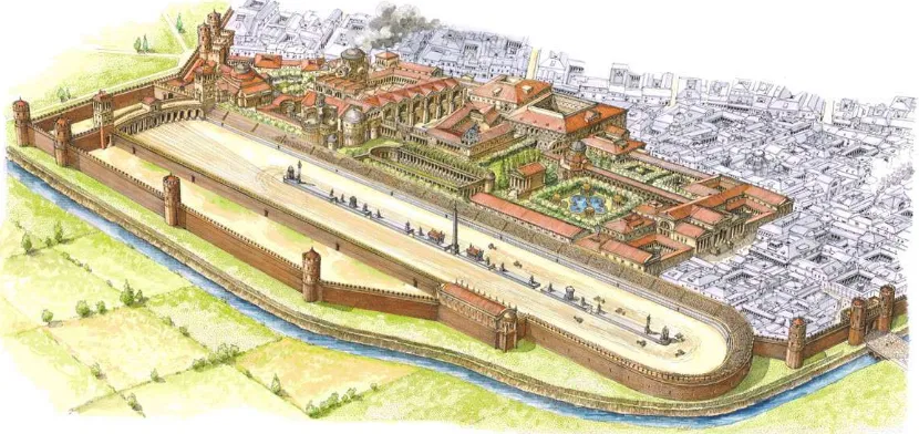Figure 1. Reconstructive drawing of the Circus and the Imperial Palace (by F. Corni, courtesy of  Civico Museo Archeologico di Milano) 