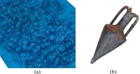Figure 4. Mazotos shipwreck (a) close up of the textured 3D model and (b) textured 3D model of an Chian amphorae 