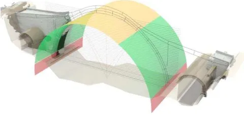 Figure 15. 3D verification, in relation to the ruins geometry of the original outline tracing of the main arch, by using the image-based generated 3D model
