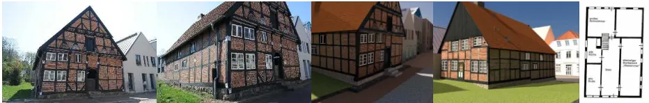 Figure 1. Front view of the Old-Segeberg town house (left), its textured 3D model (centre) and plan of the ground floor (right) 
