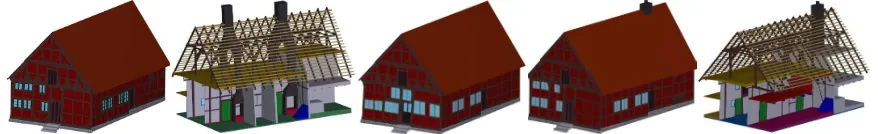 Figure 2. 3D model of Old-Segeberg town house: f.l.t.r. 1541 outside, 1541 inside, 1584-1588 outside and 1584-1588 inside 
