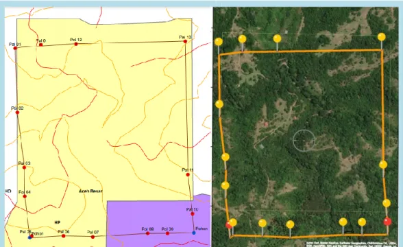 Gambar  2:  Gambar  kiri  atas:  penampakan  polygon  tertutup  batas  kawasan  KHDTK  HP-STIK  yang dihasilkan dari kegiatan orientasi dan trayek batas kawasan 2021