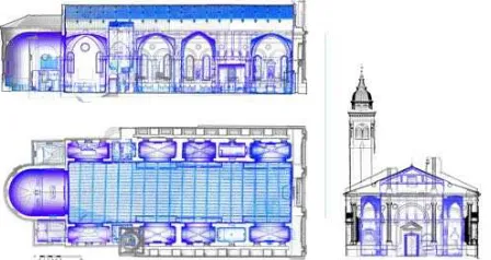 Figure 8: Comparative graphical analysis between the original  framework of San Francesco church (blue point cloud) and the new rhythm given by the Albertian envelope (black point cloud)