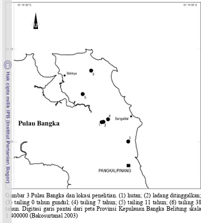 Gambar 3 Pulau Bangka dan lokasi penelitian. (1) hutan; (2) ladang ditinggalkan; 
