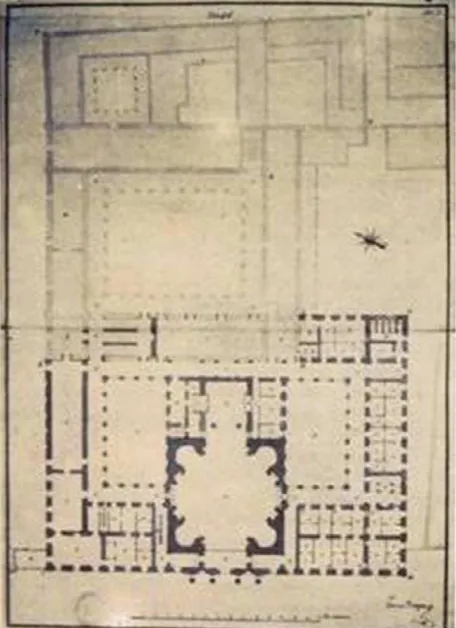 Figure 4: Principal floor plan and main facade of the San Ildefonso's residence hall and temple, from Ventura Rodriguez, 