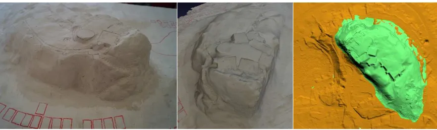 Figure 2. The reconstruction of the Kalkberg from airborne laser scanning data: digital elevation model (original data, left), printed scaled sections of the DEM (centre) and physical 3D model of the today existing Kalkberg (right) 