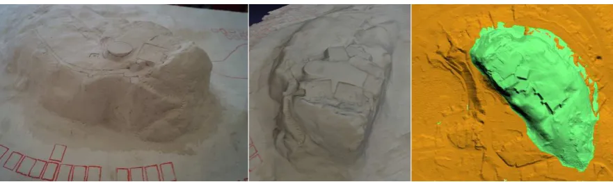 Figure 2. The reconstruction of the Kalkberg from airborne laser scanning data: digital elevation model (original data, left), printed scaled sections of the DEM (centre) and physical 3D model of the today existing Kalkberg (right) 