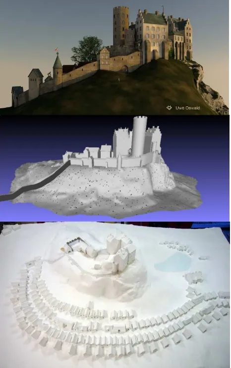 Figure 4. The first virtual 3D model of the Kalkberg and the Siegesburg (top), the second revised version (centre) both created by Dipl.-Ing