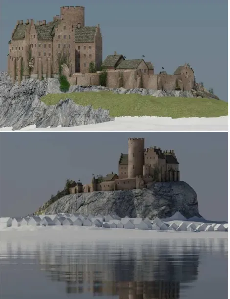 Figure 13. Two perspective views of the Siegesburg on top of the Kalkberg rendered with 3ds Max 
