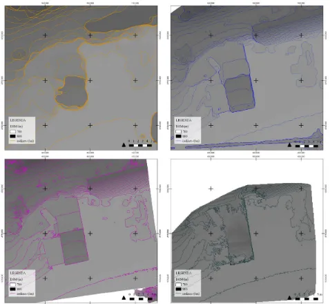 Figure 13. DSM comparison. Top: eBee DSM (left); DJI DSM (right). Down: fusion model DSM (left); ZEB1 DSM (right)