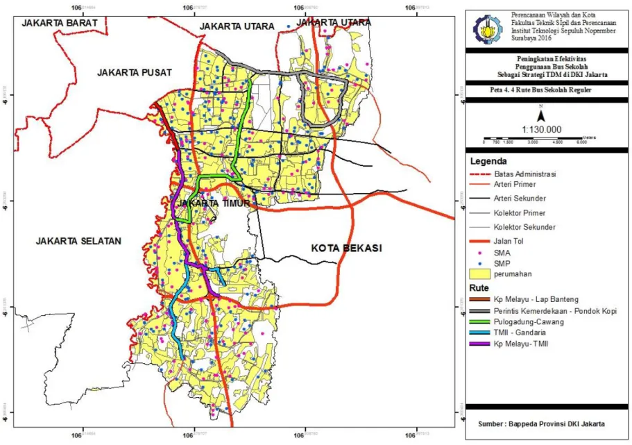 Gambar  4. 6 Peta Rute  Bus Sekolah Reguler  Sumber : Diolah dari Bappeda Provinsi DKI Jak arta, 2016