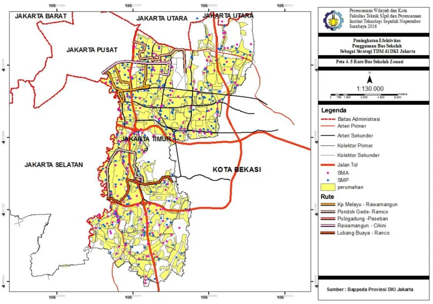 Gambar  4. 7 Peta Rute  Bus Sekolah Zonasi  Sumber : Diolah dari Bappeda Provinsi DKI Jak arta, 2016 
