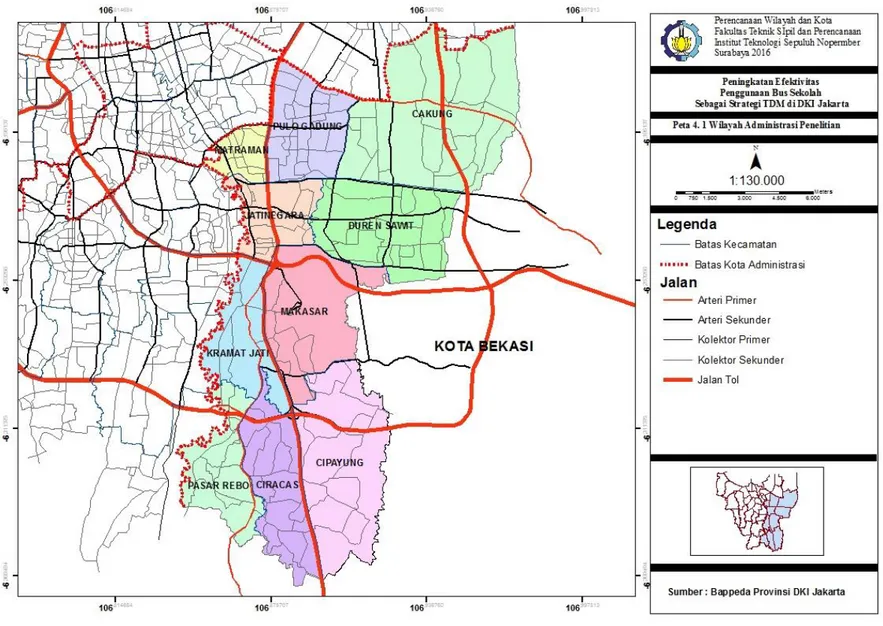 Gambar  4. 1 Peta Batas  Kecamatan  Jakarta  Timur  Sumber : Diolah dari Bappeda Provinsi DKI Jak arta, 2016 
