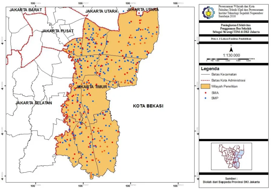 Gambar  4. 3 Peta Lokasi Fasilitas Pendidikan  Sumber : Diolah dari Bappeda Provinsi DKI Jak arta, 2016 