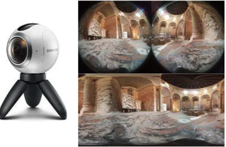 Fig. 1. The Samsung Gear 360 and its two circular images (top) turned into a single equirectangular projection (bottom)
