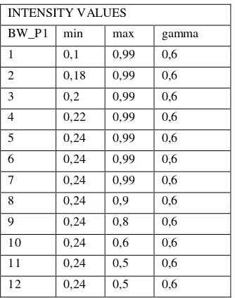 Table 3. Intensity values data tested during the post-processing in greyscale visualization (sample 2) 