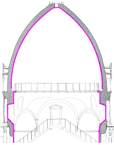 Figure 12. Section from current survey (pink) and from the survey promoted by the Istituto di restauro dei monumenti (Florence) (black)