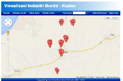 Gambar 6. Tampilan prototype sistem informasi geografis pemetaan industri bordir di kabupaten Kudus dengan Google Map API 