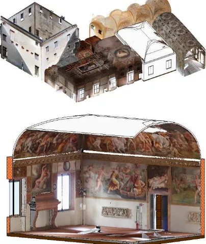 Figure 1: (top) the 3D model of Sala di Troia with all the point  clouds of Apartment di Troia, (bottom) point cloud integrated in Revit environment