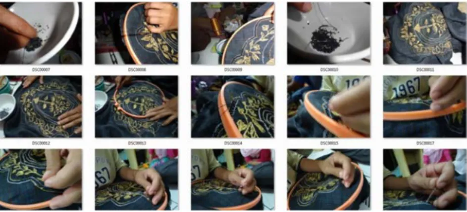 Gambar 3.3. Pengaplikasian teknik tambour mengikuti gambar motif batik di atas kain (Dok: Ningrum, 2014) 