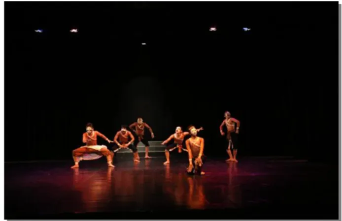 Gambar 06: Sikap dua penari berdiri tegak,  dua duduk bersila, dan sikap satu penari  jongkok dengan dua kaki terbuka dalam 