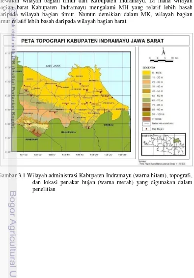 Gambar 3.1 Wilayah administrasi Kabupaten Indramayu (warna hitam), topografi, 