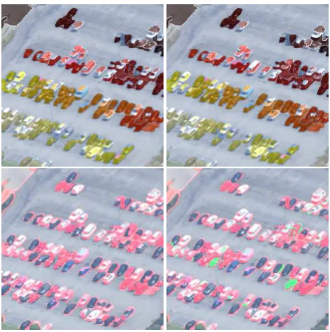Figure 4. Top:presented algorithm (right). Hitmap for the ucm alone thresholded at thehighest segmentation covering (left) and hitmap with the Bottom: The failed pixels marked inred