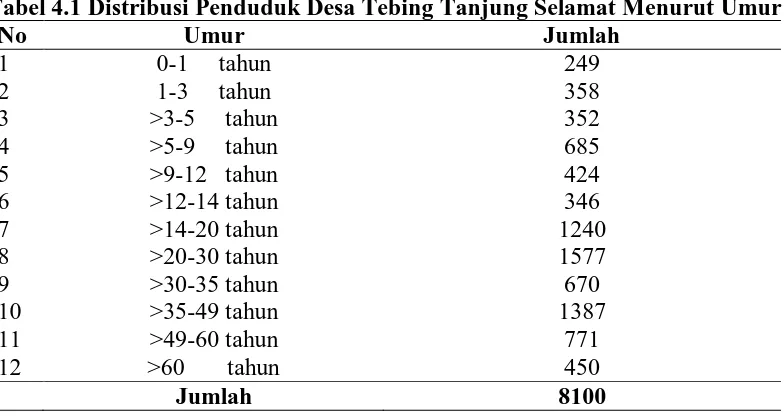 Tabel 4.1 Distribusi Penduduk Desa Tebing Tanjung Selamat Menurut Umur  No  Umur Jumlah 