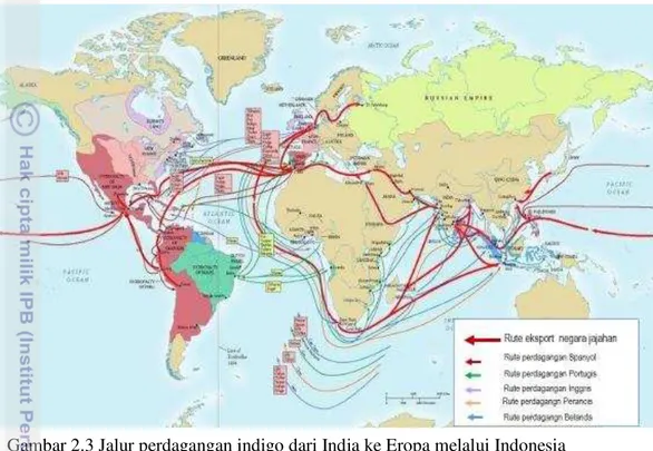 Gambar 2.3 Jalur perdagangan indigo dari India ke Eropa melalui Indonesia                        (Byrne 2006) 
