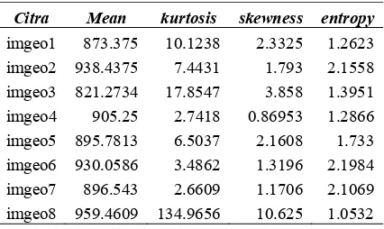 Tabel 1. Hasil pembentukan nilai GLCM pada motif batik batik geometri  