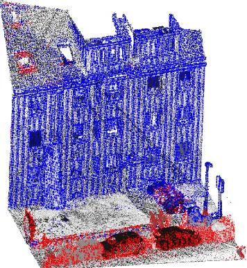 Figure 10. Point cloud after change detection; blue: permanentlyoccupied, red: temporarily occupied