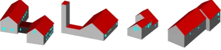 Figure 5. Comparison of the building outlines without roofoverhangs (transparent green) and the cadastral map (red)