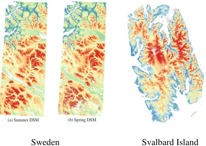 Figure 22. DSM generated over the test areas in Sweden (2 left) and Svalbard Island (right)