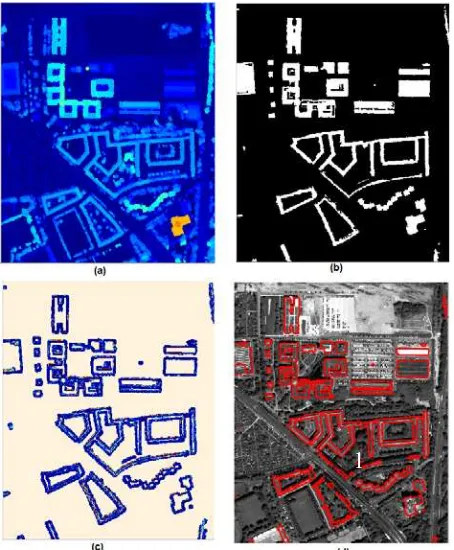 Figure 6. Building rooftop extraction result of Building2 (a)  nDSM;(b) initial building mask; (c) edge detector around building masks; (d) improved building boundary  